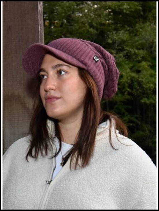 Fleece Lined Knit Hat with Visor Brim Stretchy Ribbed